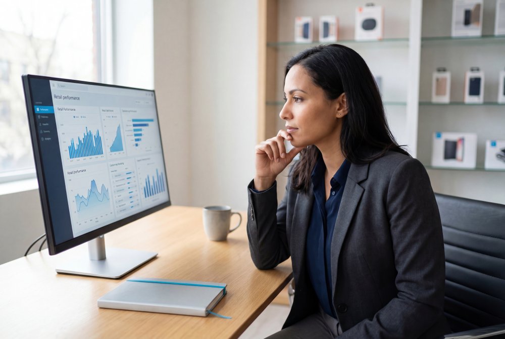 Retail analyst reviewing performance charts and dashboards with focus and clarity
