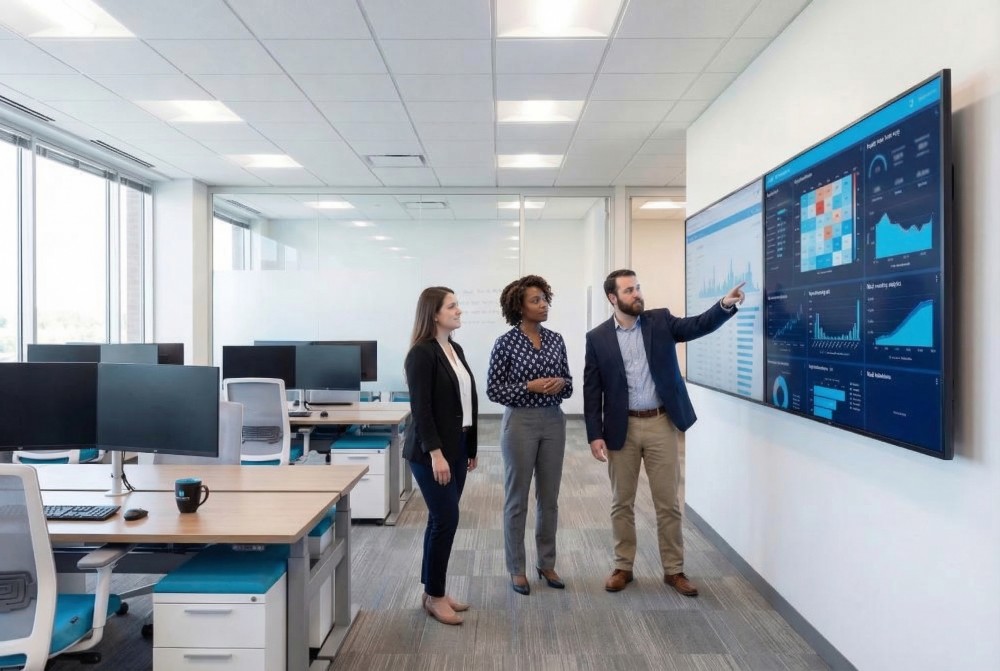 Team reviewing supply chain analytics on a large display in a modern office