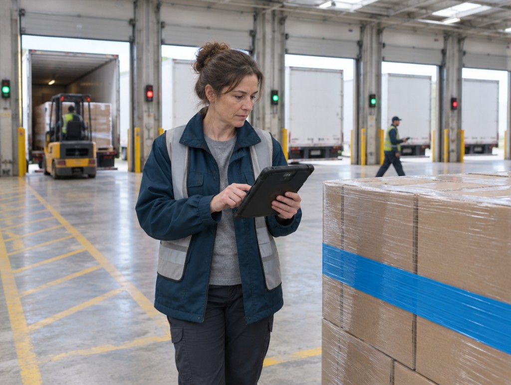 Dock coordinator checking shipment status on a tablet beside a wrapped pallet at a distribution center loading dock