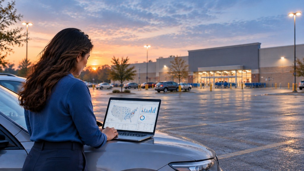 Supplier analyst reviewing store-level performance on a map of U.S. stores on a laptop outside a retail store at dawn
