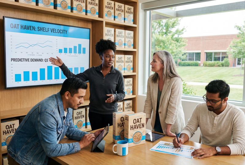 Team analyzing shelf velocity data and predictive demand insights