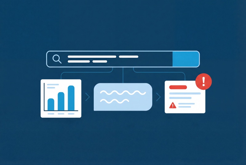 Natural language query interface showing data analysis flow from search to insights to alerts