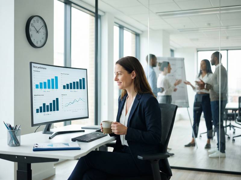 Analyst reviewing Walmart supplier performance data on monitor in modern office